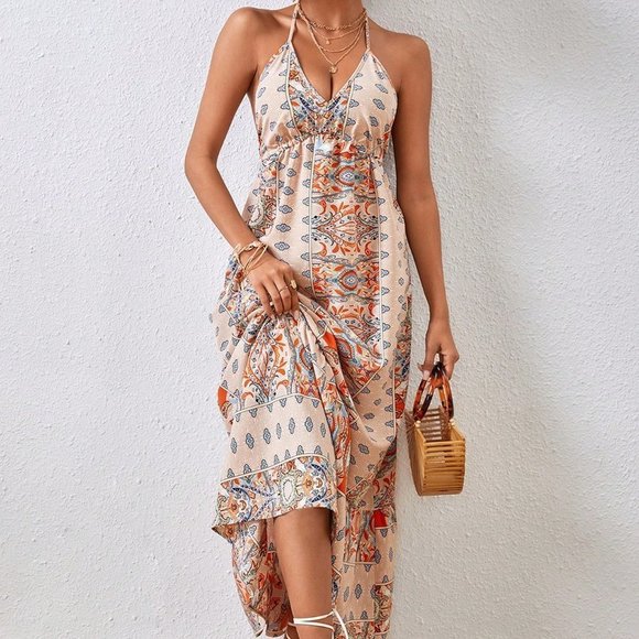 Tan Boho Womens Women's Printed Backless Vacation Dress - Picture 4 of 6